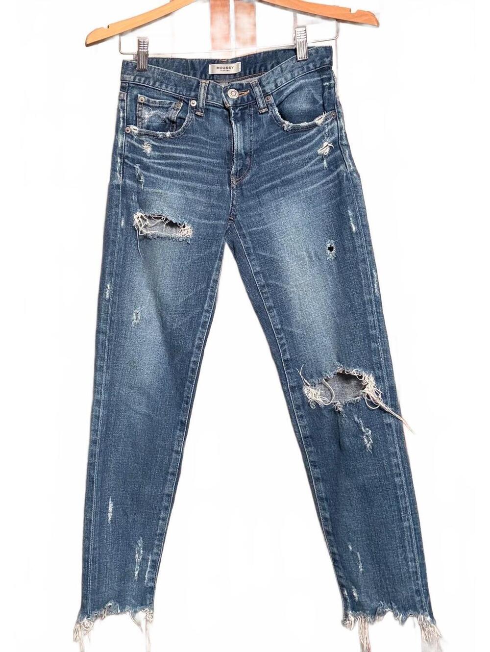 MOUSSY Vintage Jeans 24 Distressed Ripped Raw Hem Made in Japan Skinny